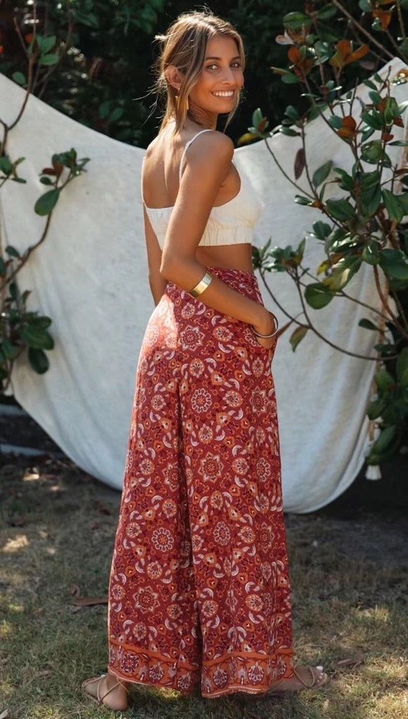 Bohemian Floral Wide Leg Trousers with Bow | The Maverick Life