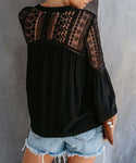 This flowy women's blouse has stunning embroidered and hollowed out Bohemian patterns with a nice v-neck, half sleeves, button decorations, and is a comfortable Cotton pullover shirt.  Whether a lunch date, or for the office; you can show your Bohemian style wherever you go.  Black Color